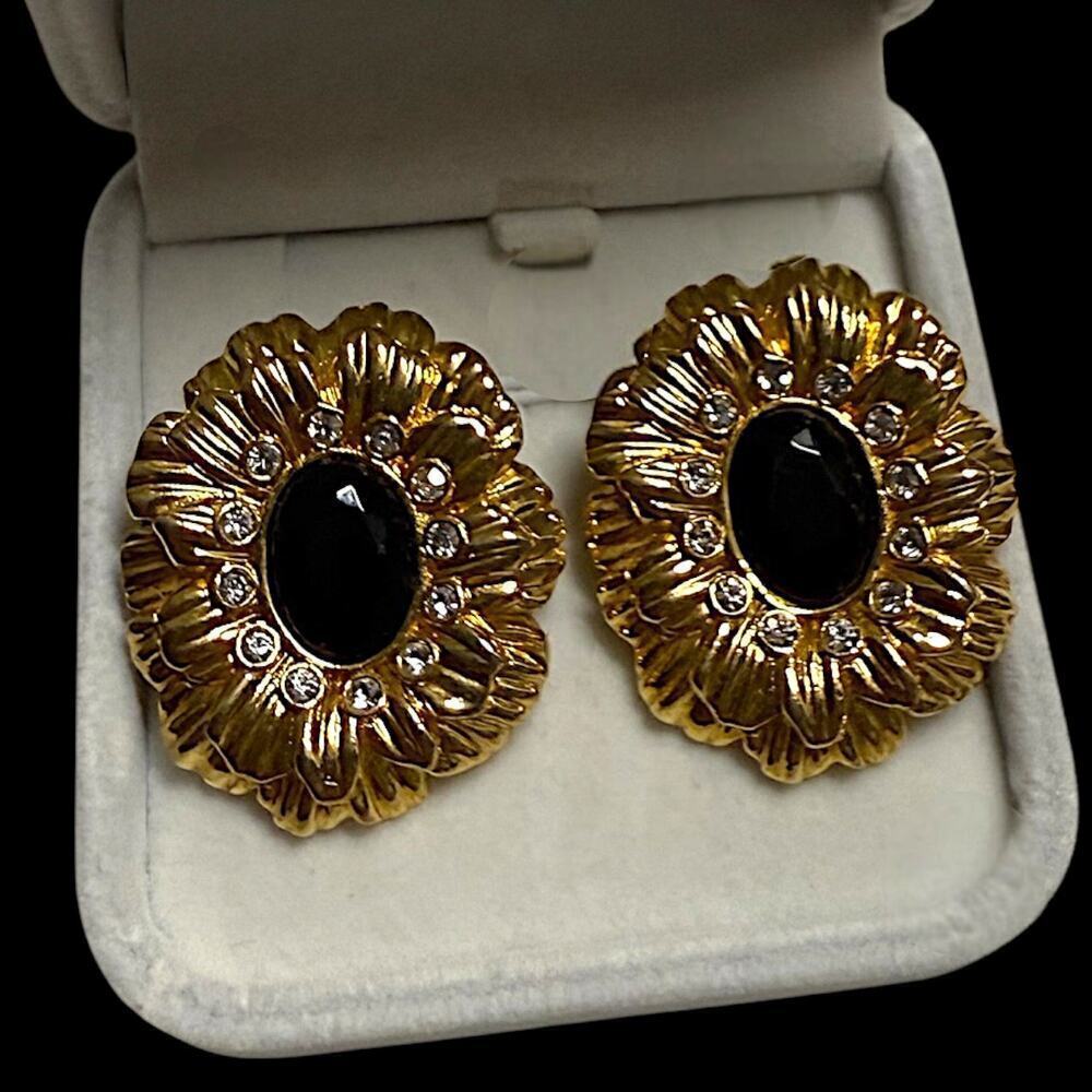 Vintage Kenneth Jay Lane Avon Sunflower Earrings Clip Signed Black Gold KJL - Picture 4 of 10